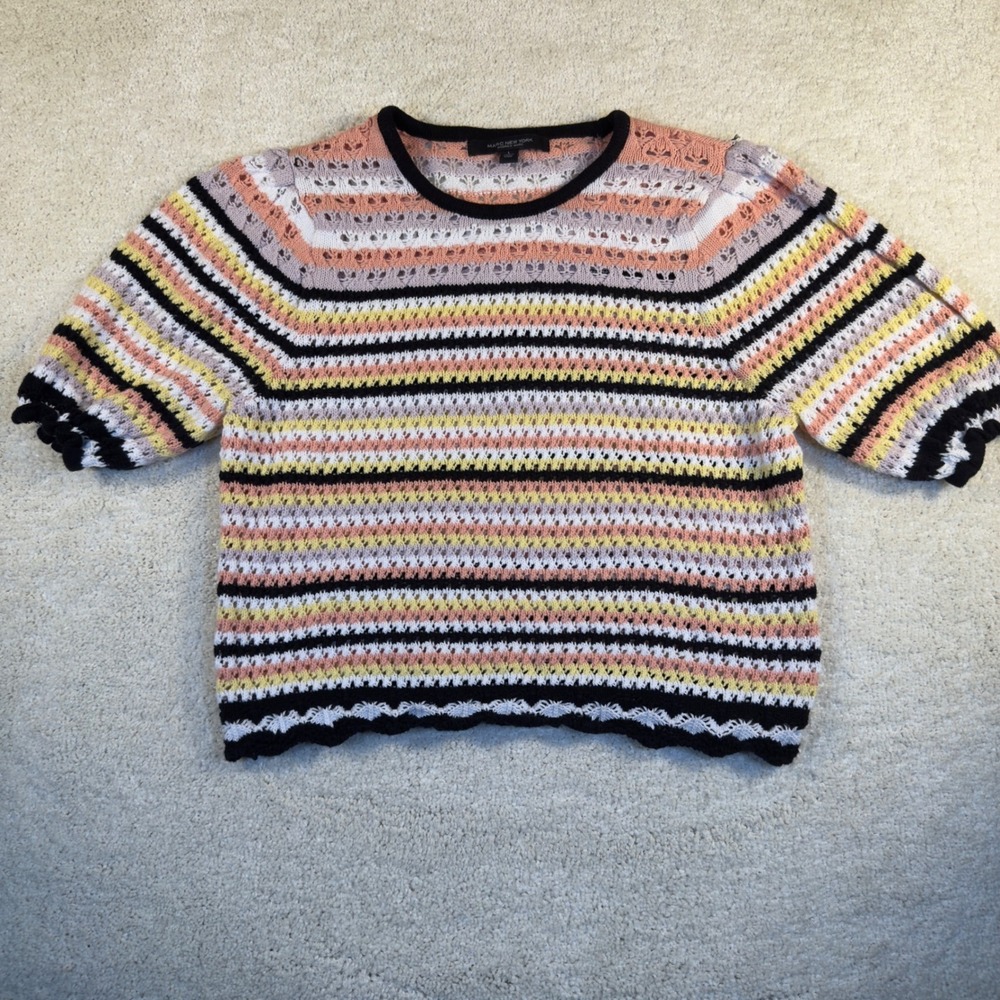 Marc New York Women's Multicolor Striped Open Knit Short‎ Sleeve Top